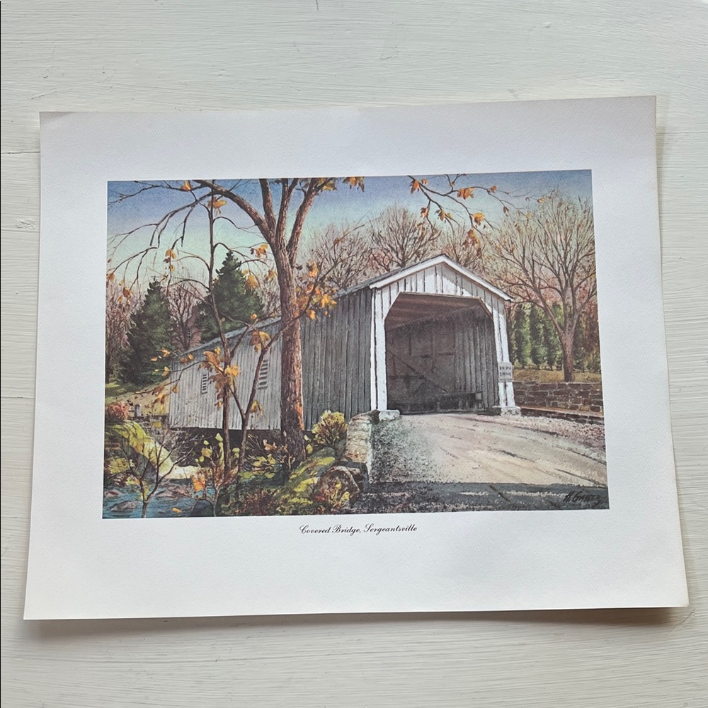 Water Color Print Covered Bridge Sergeantsville NJ From 1964 Tercentenary Prints